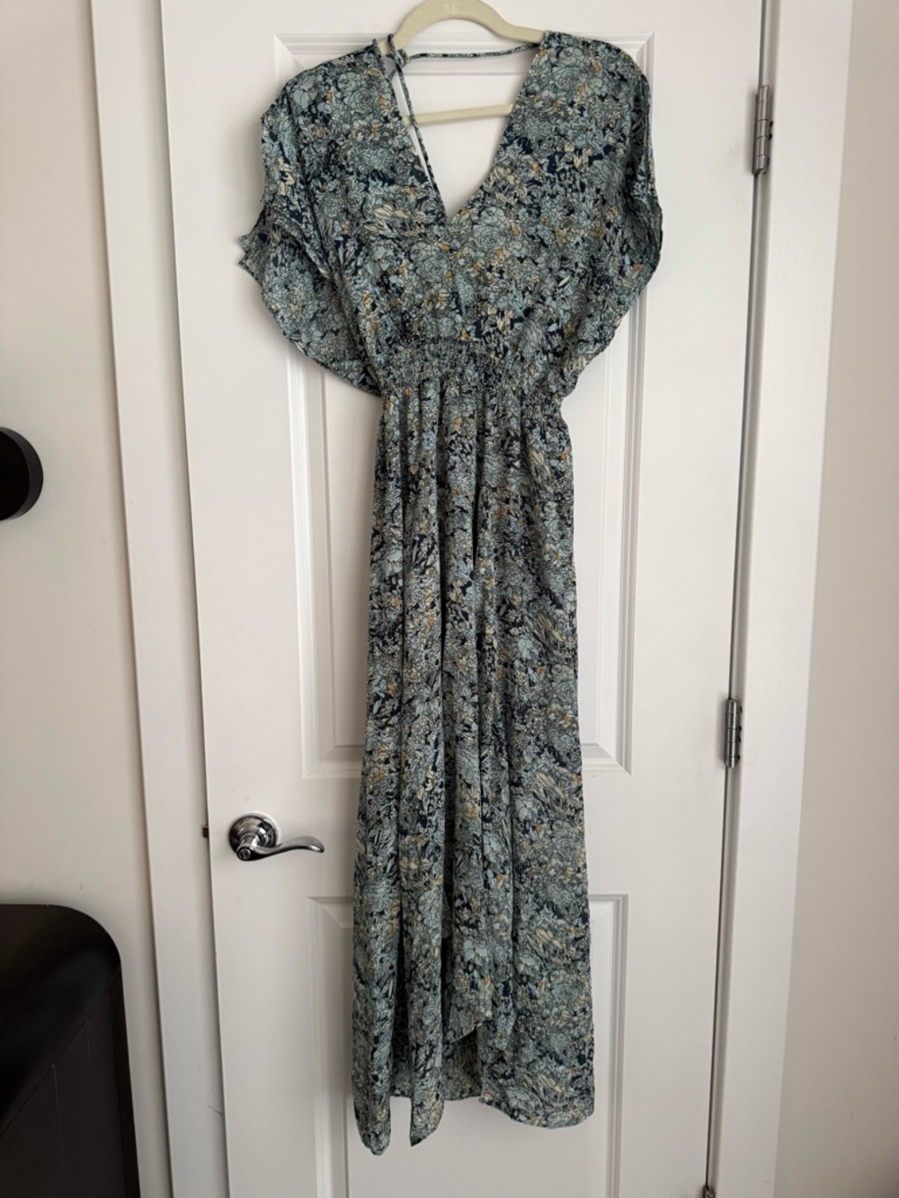 Maje Blue, Cream and Black Floral-Print V-Neck Midi Dress